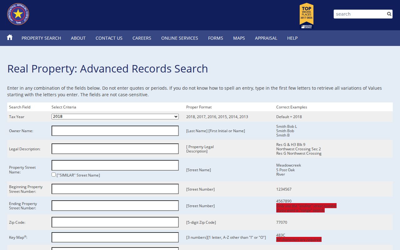 Mission Bend residents directory Harris CAD advanced property search fields