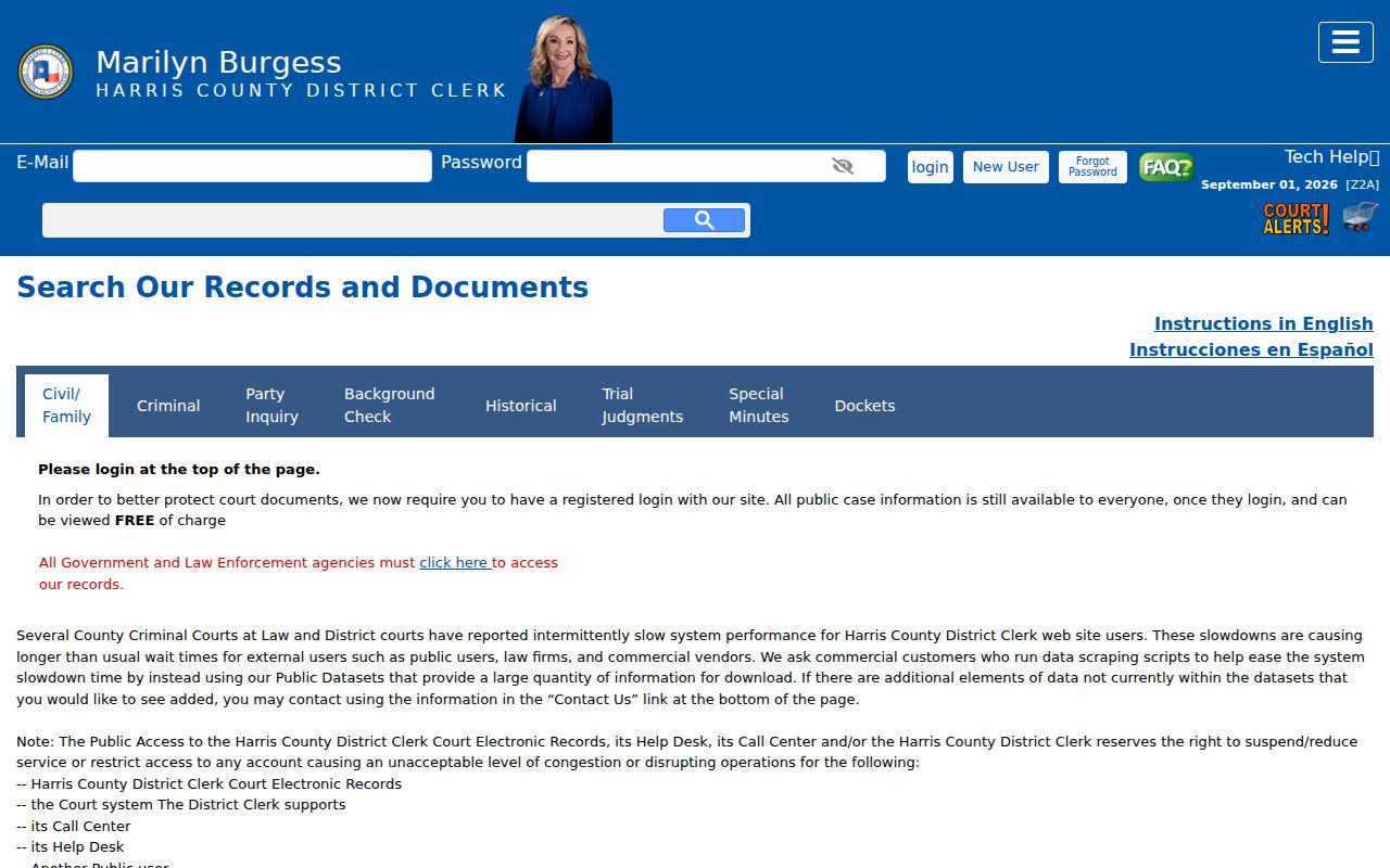 Mission Bend resident lookup using the Harris District Clerk party search