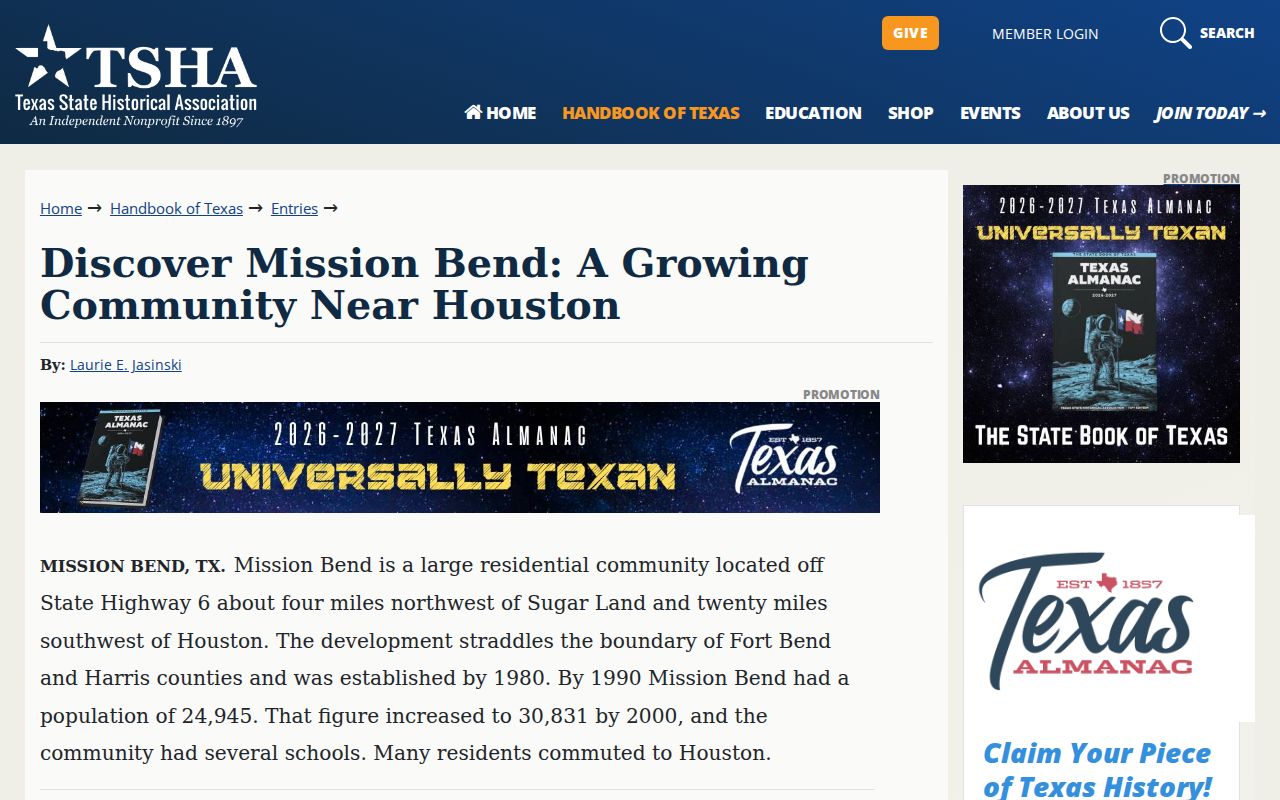 Mission Bend residents directory Texas State Historical Association community profile